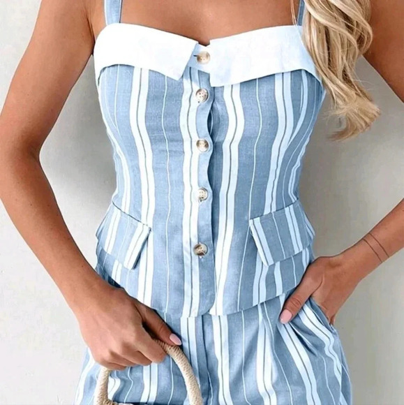 Women's Striped & Printed Simple Daily Camisole Top And Pant Set - Picture 3 of 5